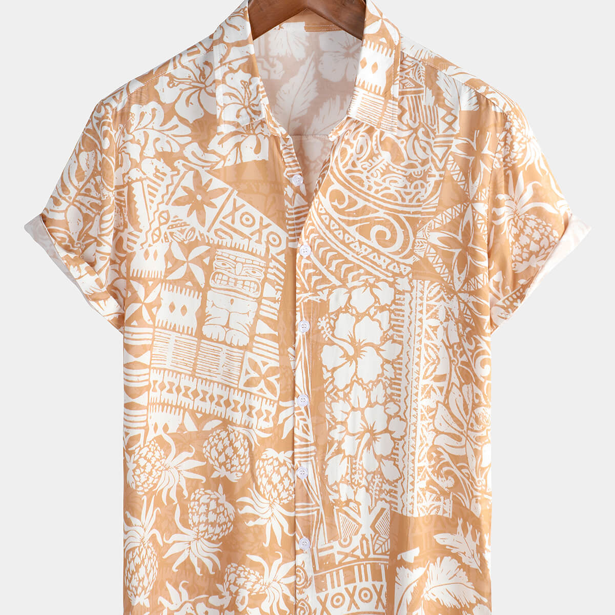 Chemise boutonnée à manches courtes hawaïenne kaki à fleurs tropicales pour hommes