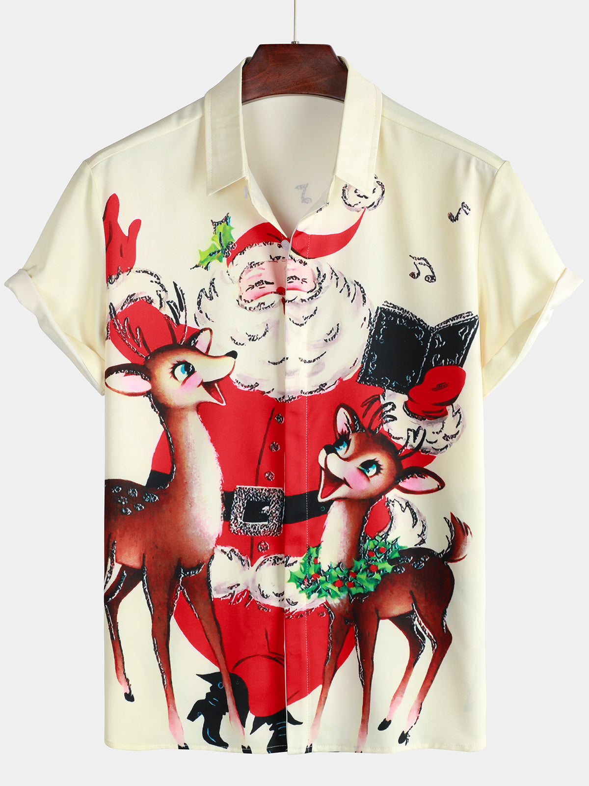 Chemise de Noël à manches courtes pour homme beige Vintage Santa Claus Elk Print Xmas