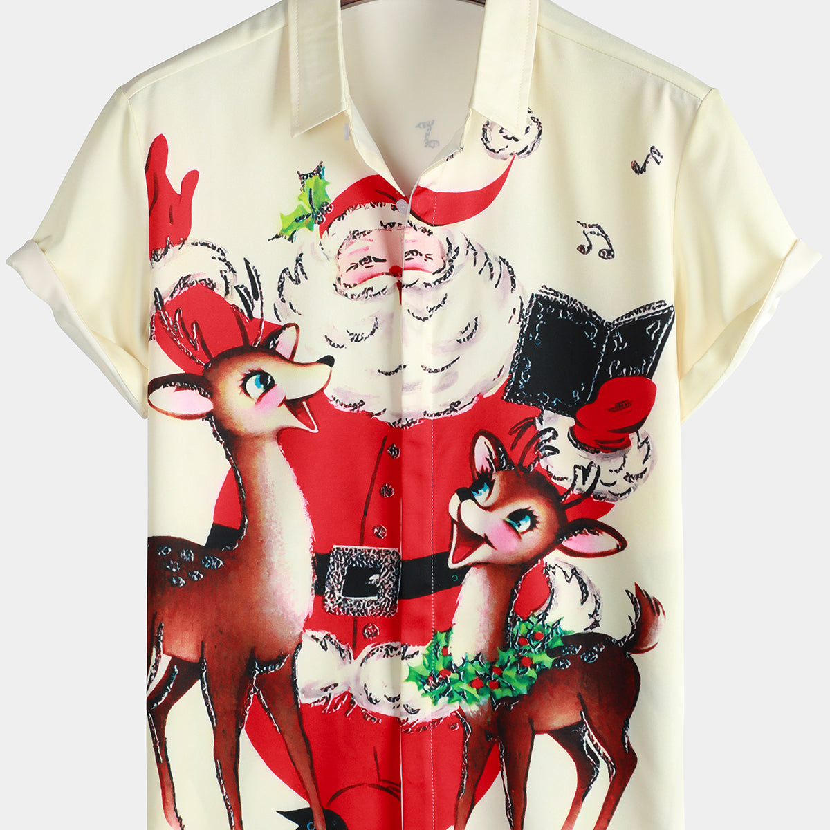 Chemise de Noël à manches courtes pour homme beige Vintage Santa Claus Elk Print Xmas