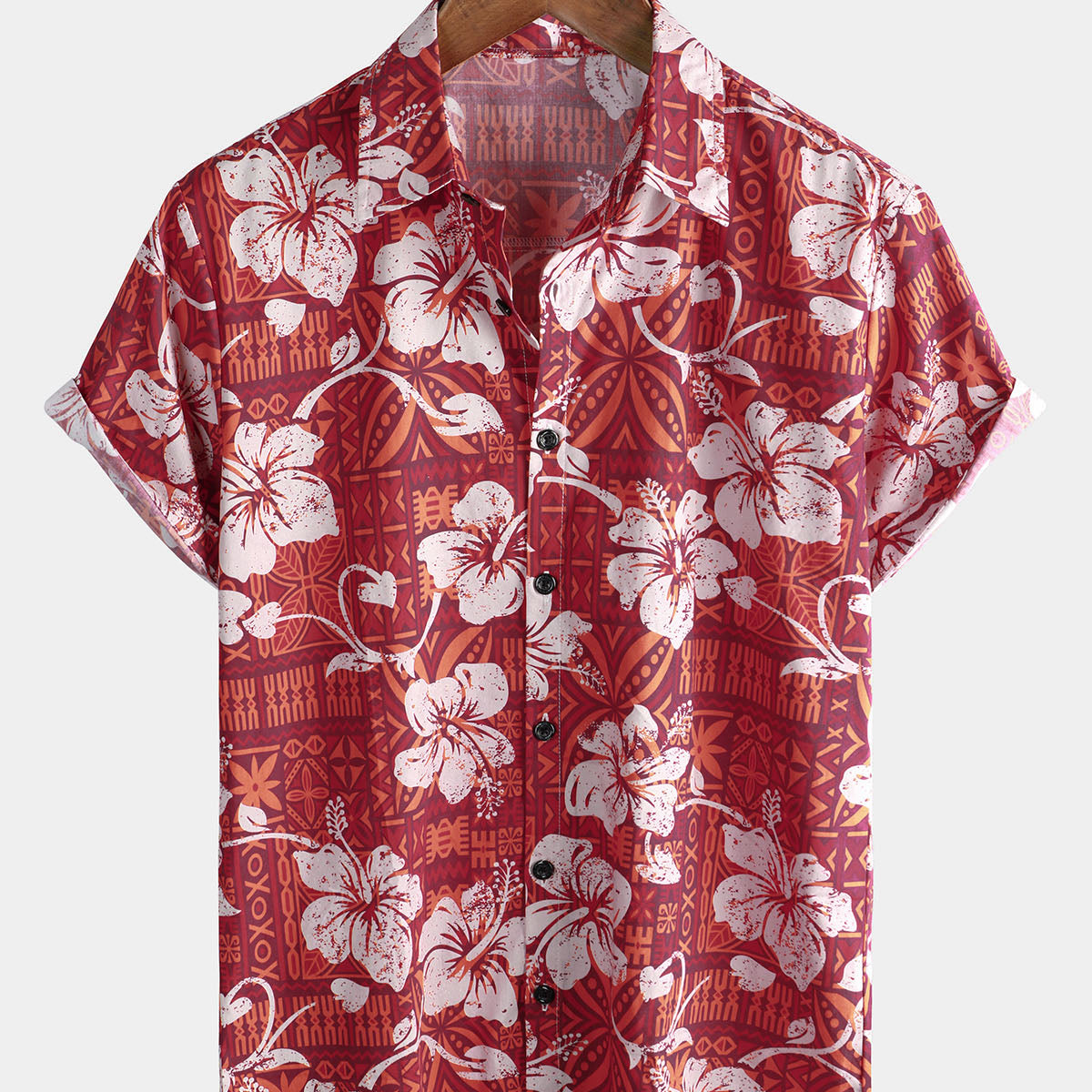 Hommes Rouge Hawaïen Vintage Floral Hibiscus Print Summer Beach Holiday Button Up Shirt