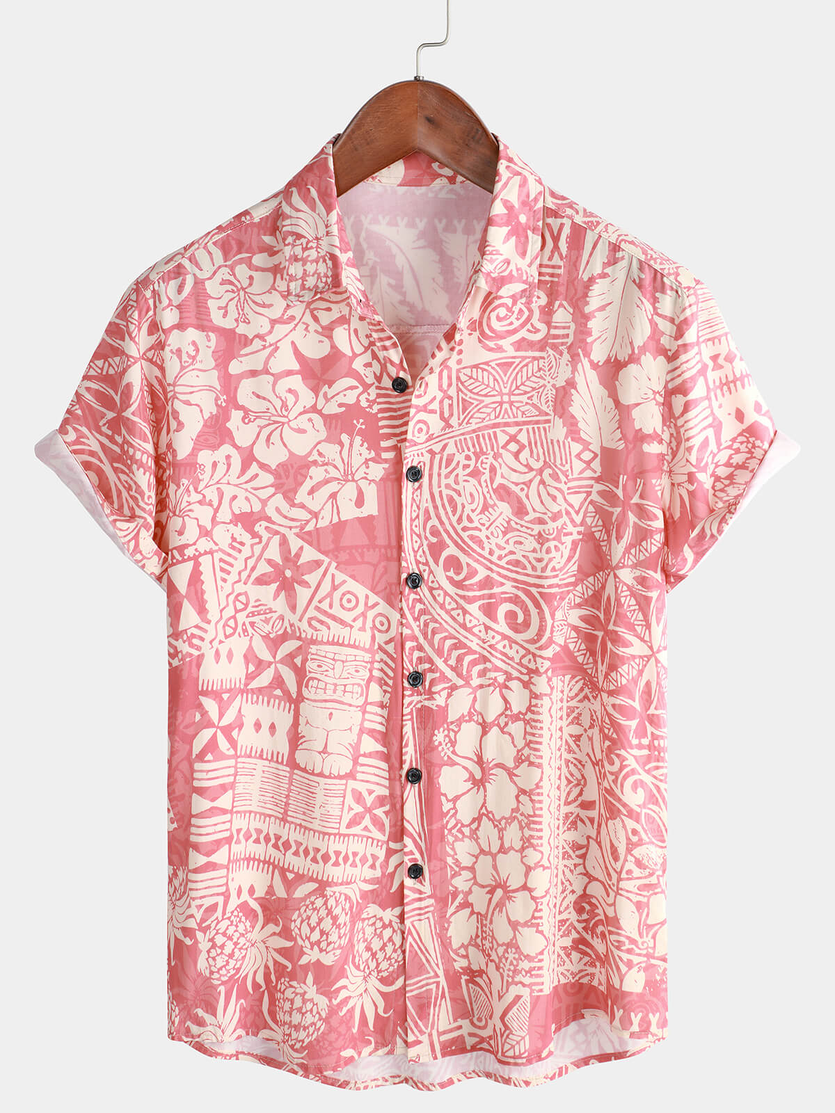 Chemise boutonnée à manches courtes hawaïenne pour hommes, motif floral tropical rose, vacances