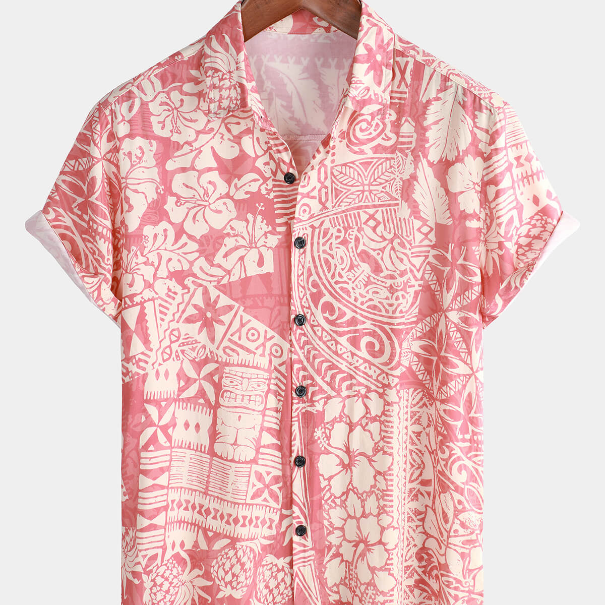 Chemise boutonnée à manches courtes hawaïenne pour hommes, motif floral tropical rose, vacances