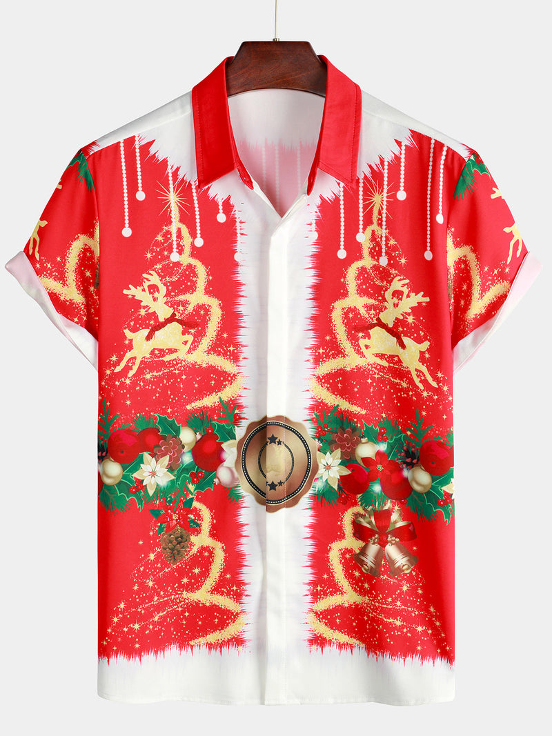 Costume à thème de Noël vintage pour homme rouge chemise à manches courtes à revers drôle