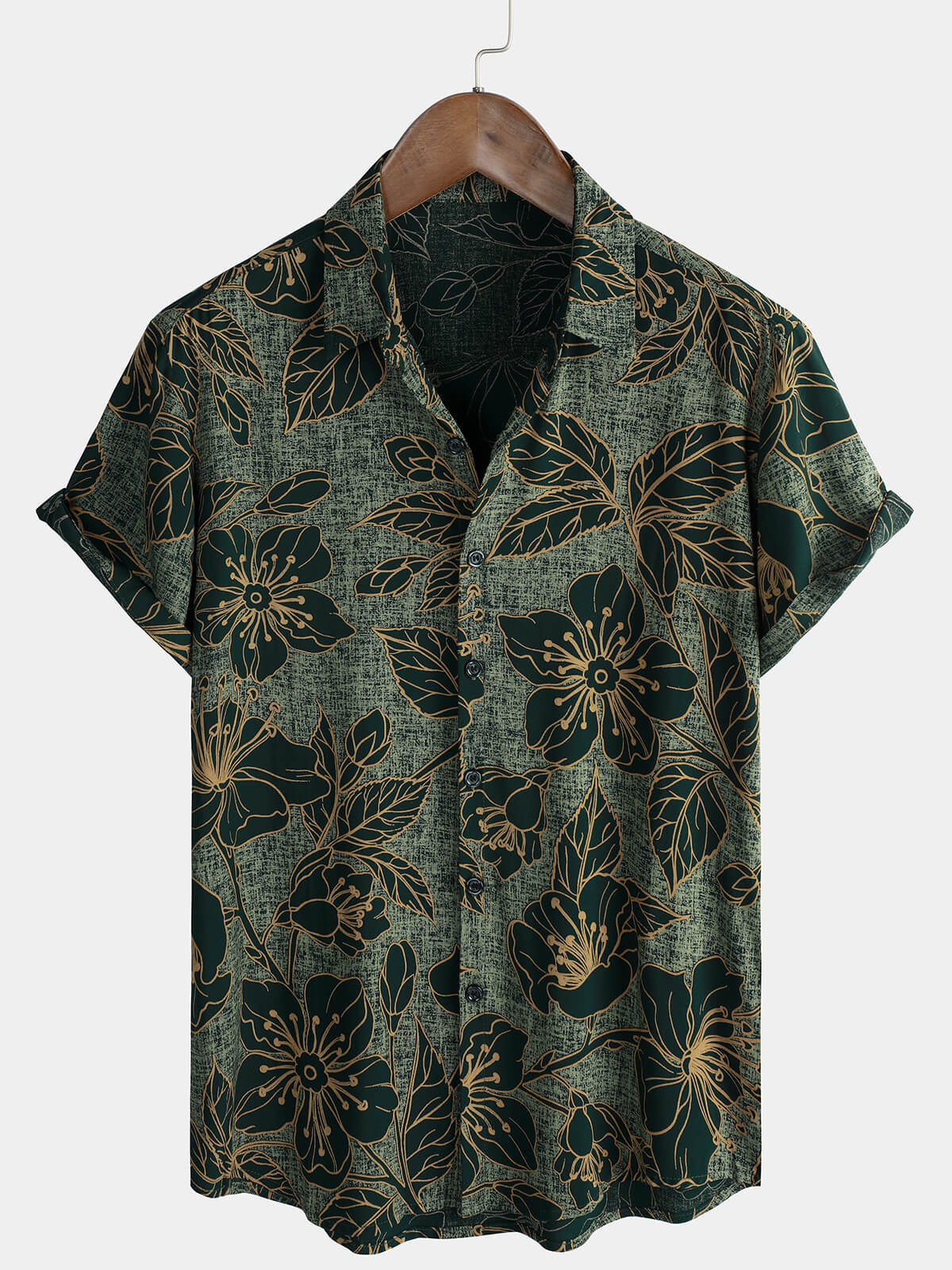Chemise à manches courtes boutonnée pour hommes, motif floral, vintage, vert, vacances d'été