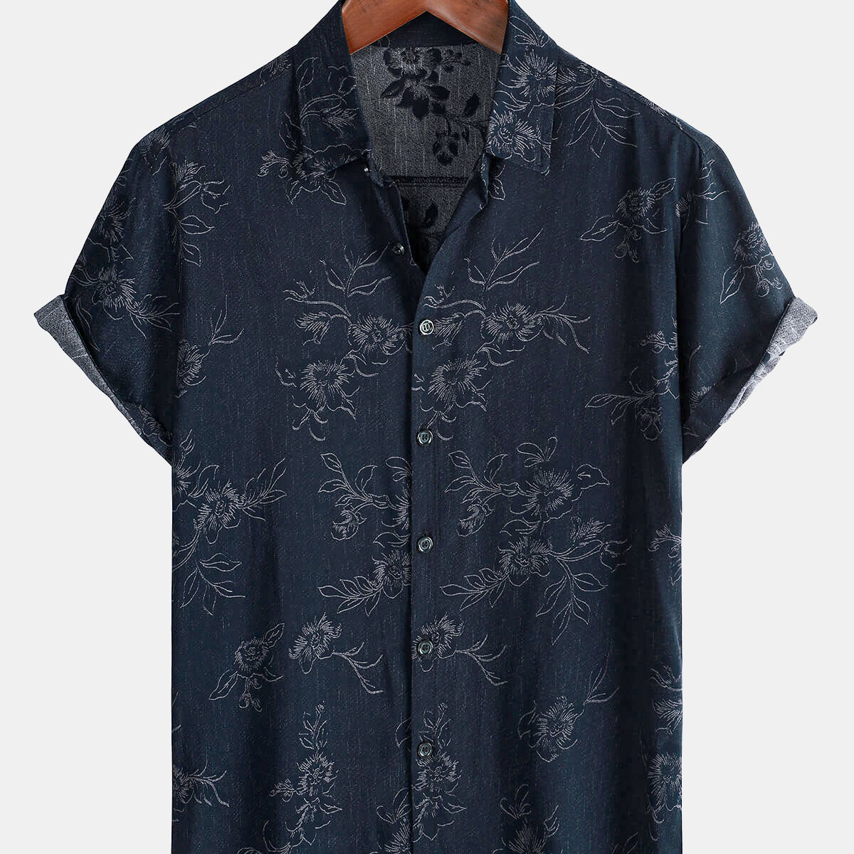 Chemise boutonnée bleu marine à manches courtes pour hommes, vacances florales décontractées, été