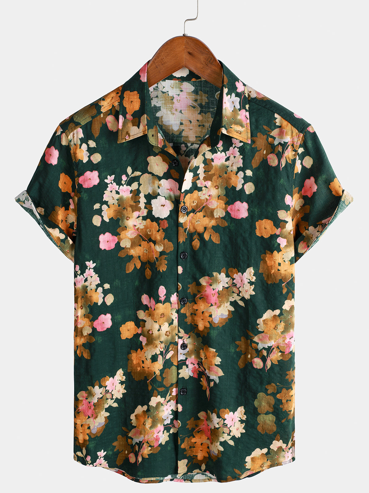 Chemise de plage décontractée à manches courtes en coton vert à fleurs pour homme