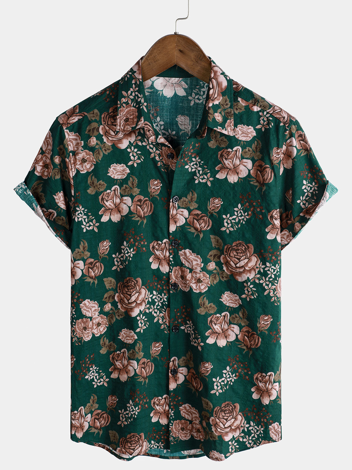 Chemise à manches courtes pour homme, motif floral rétro vert, pour les vacances d'été