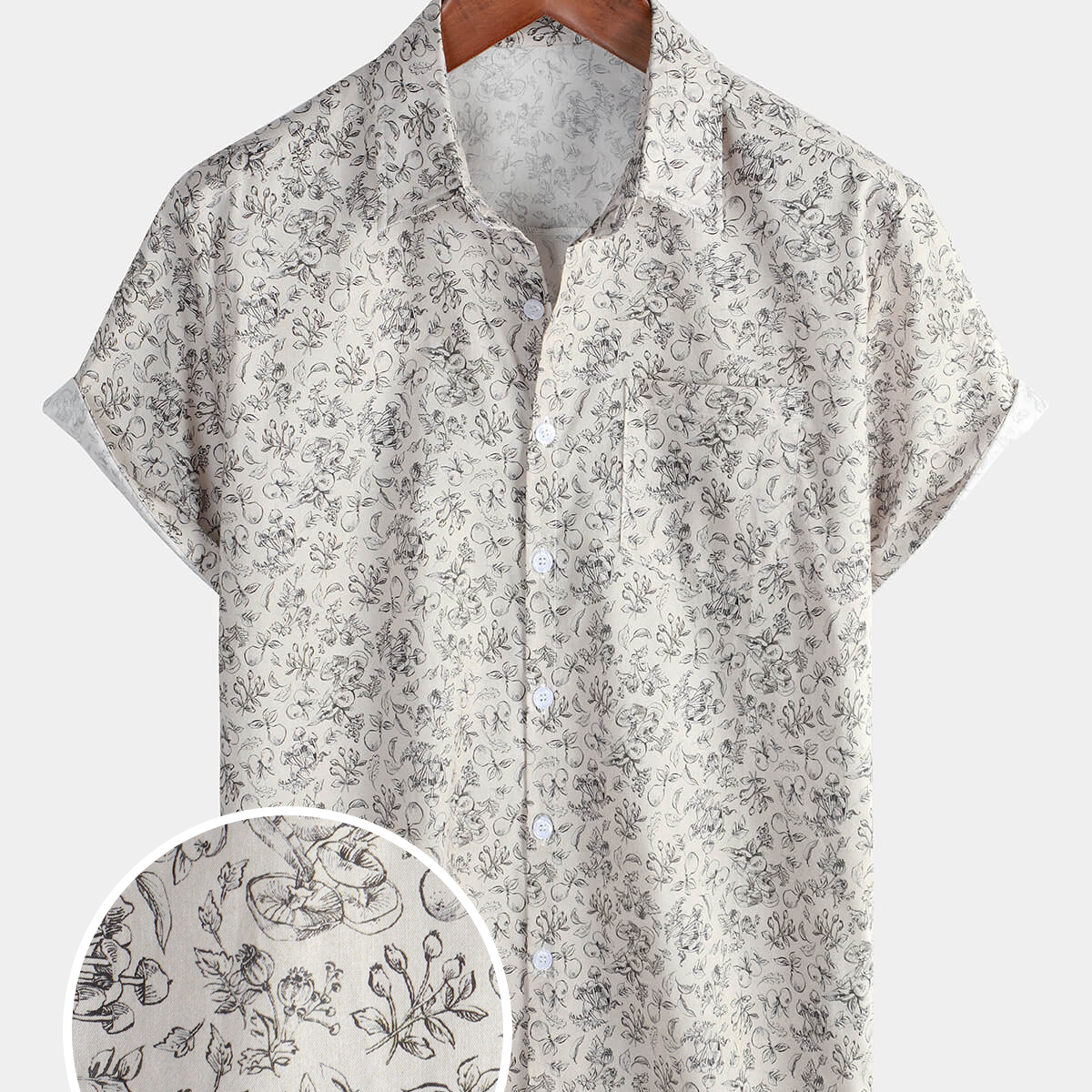 Chemise boutonnée à manches courtes en coton respirant avec poche de vacances florale décontractée pour hommes