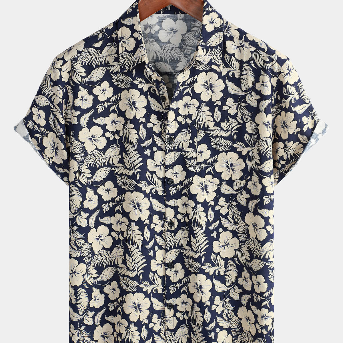 Chemise boutonnée à manches courtes pour hommes, bleu marine, vacances florales hawaïennes, décontractées, été