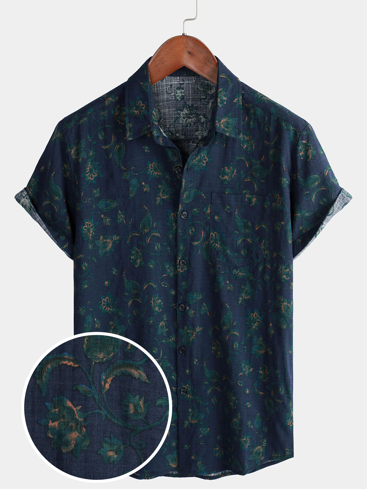 Chemise boutonnée à manches courtes et à poches décontractées pour hommes, motif floral bleu, vacances