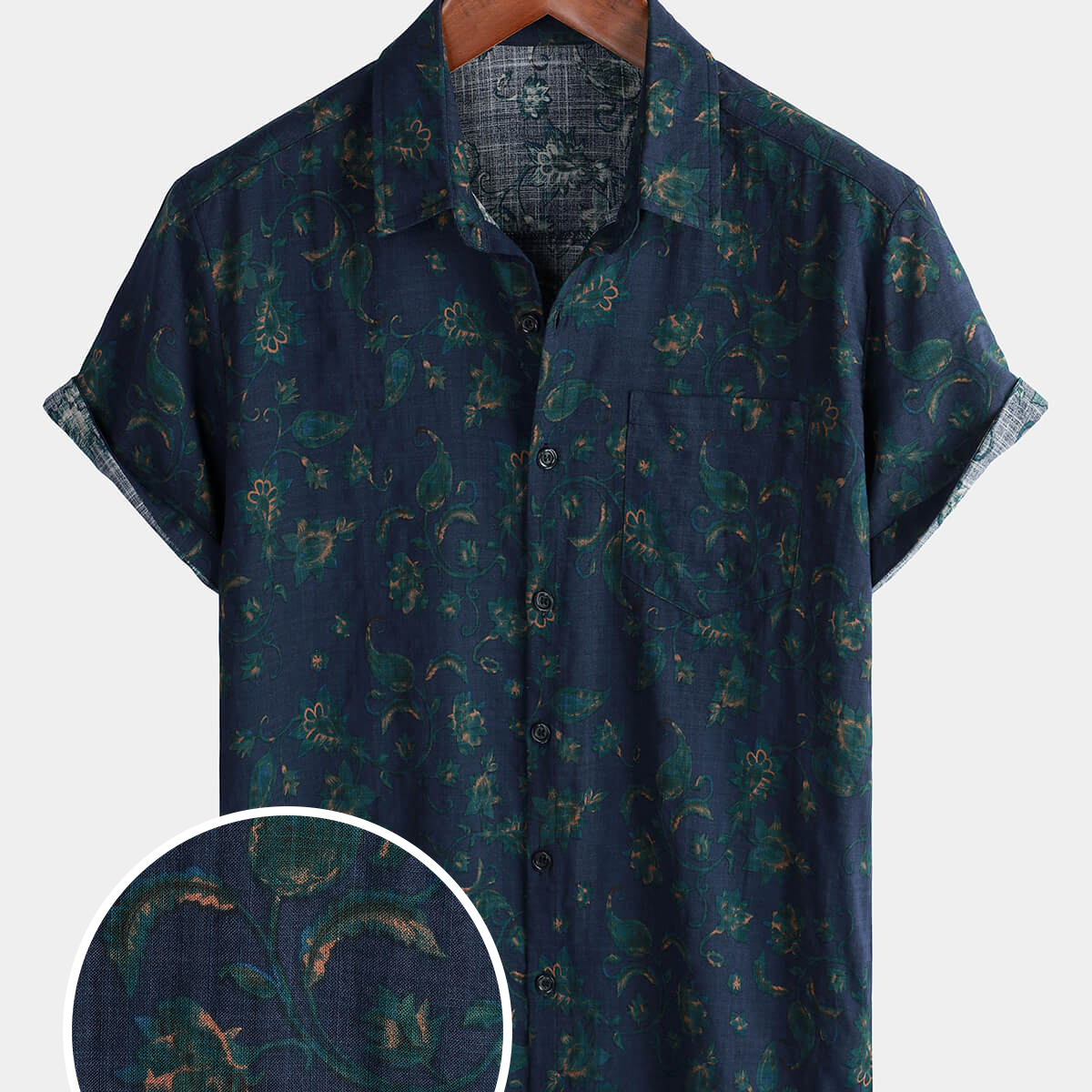 Chemise boutonnée à manches courtes et à poches décontractées pour hommes, motif floral bleu, vacances