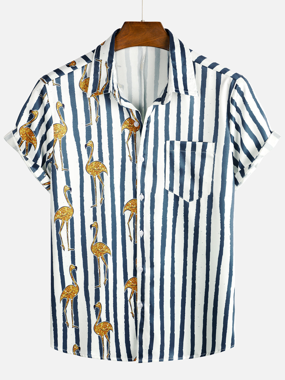 Chemise hawaïenne à manches courtes pour hommes, flamant tropical, bleu marine, imprimé rayé, poche