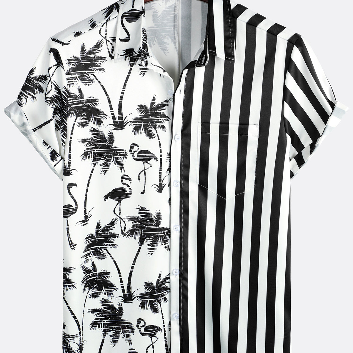 Chemise hawaïenne à manches courtes pour hommes, imprimé flamant Tropical, noir et blanc, poche rayée, été