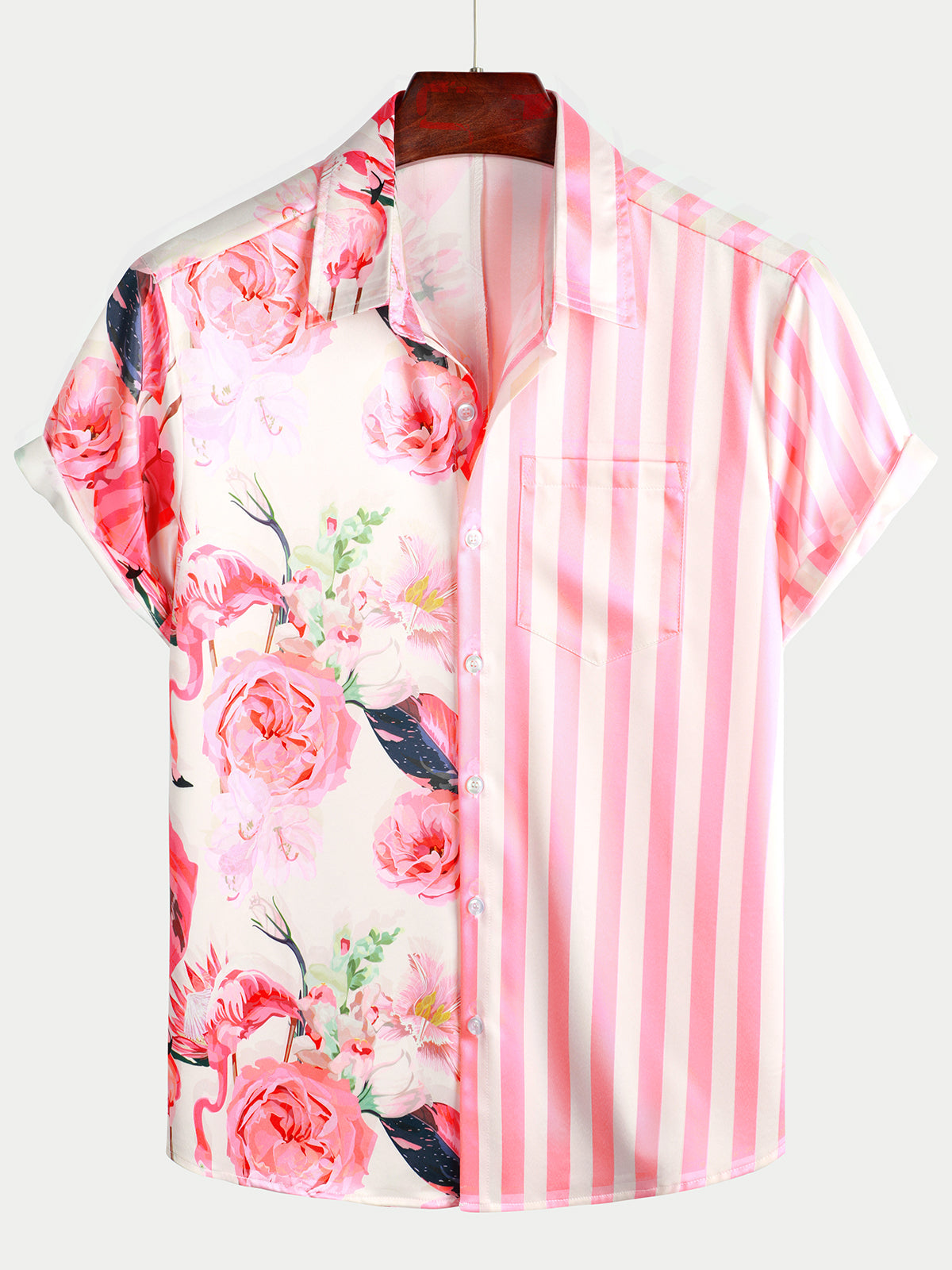 Chemise hawaïenne à manches courtes avec poche à imprimé rayé rose flamant tropical pour hommes