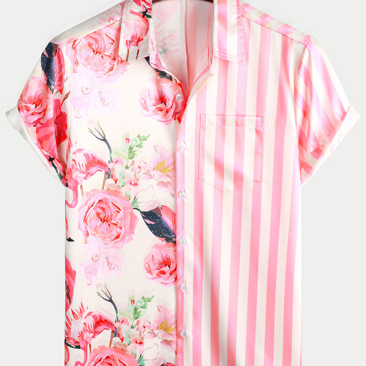 Chemise hawaïenne à manches courtes avec poche à imprimé rayé rose flamant tropical pour hommes