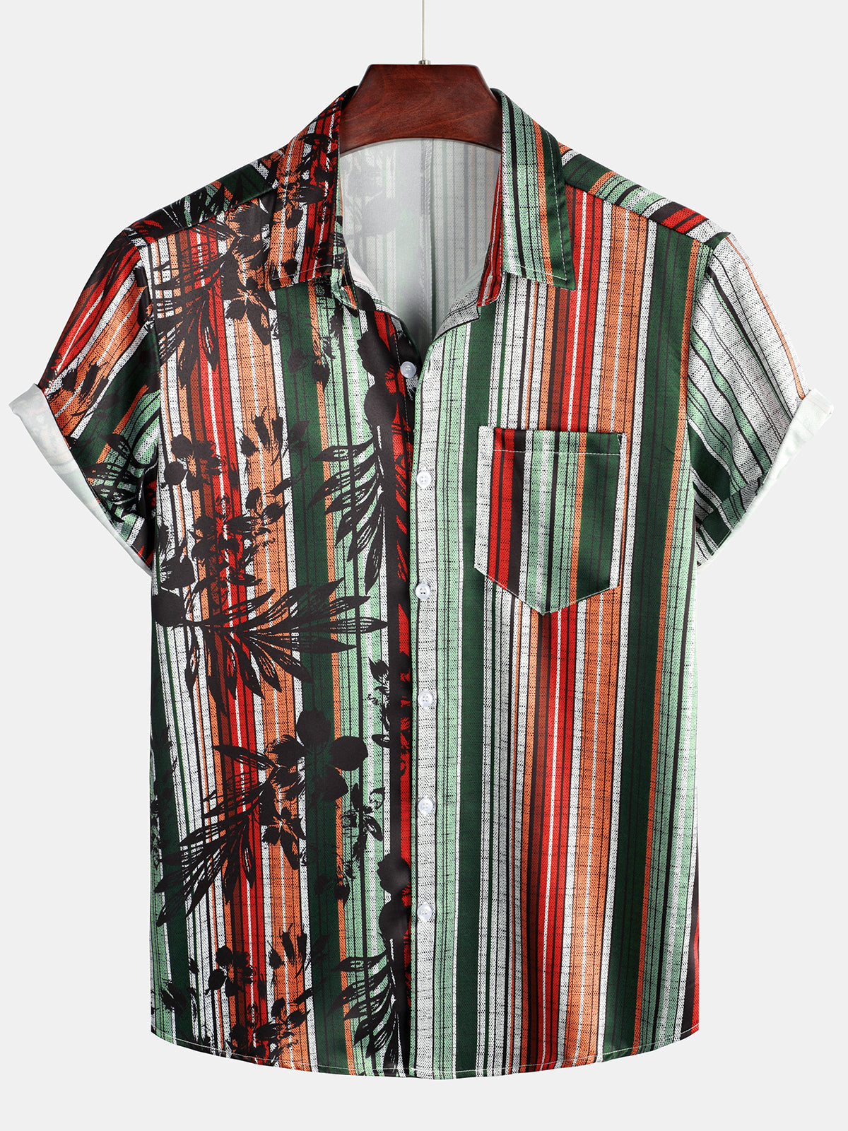 Chemise d'été à manches courtes pour hommes, imprimé Tropical, poche rayée, plage hawaïenne