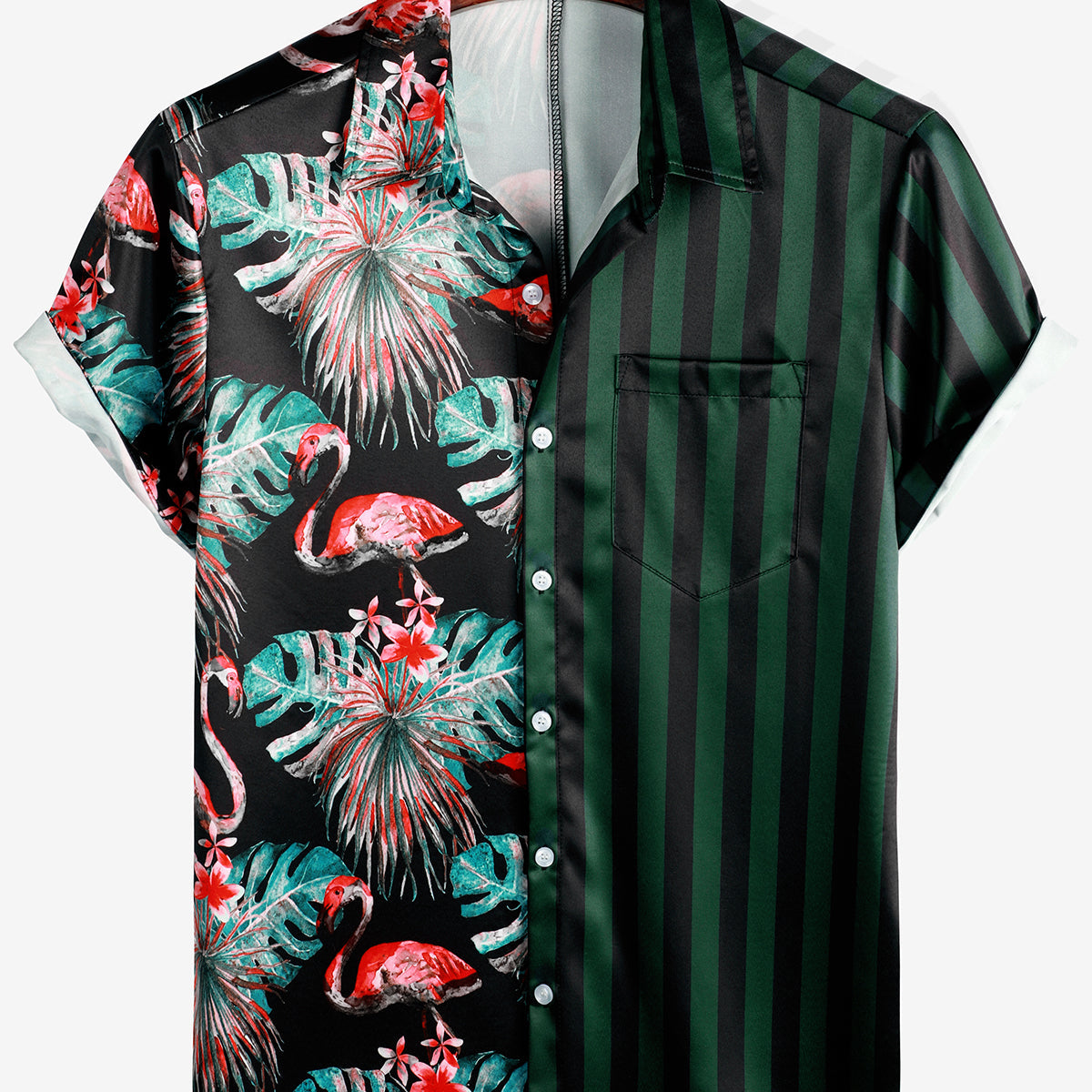 Chemise hawaïenne à manches courtes avec poche à imprimé rayé vert flamant tropical pour hommes