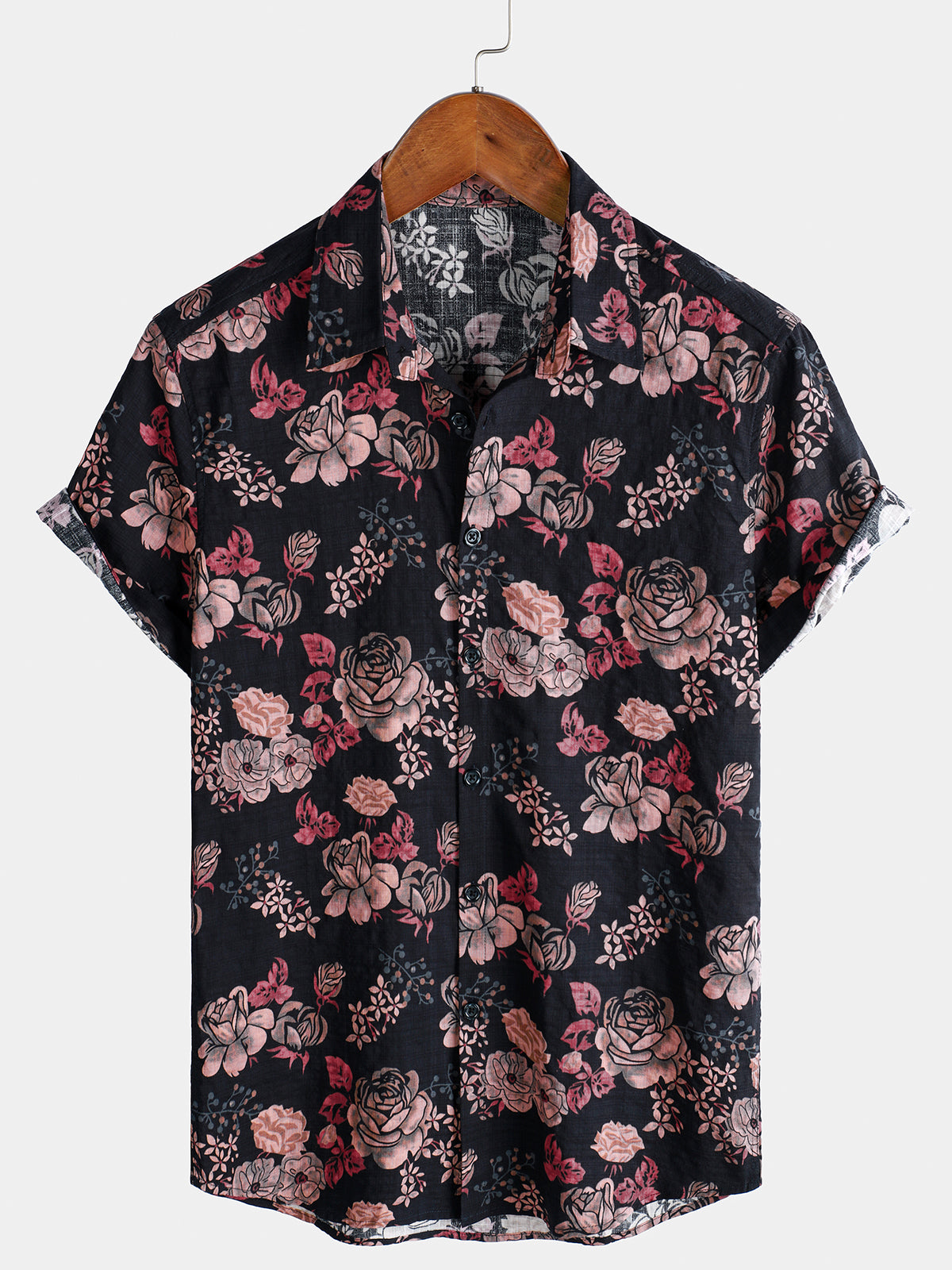 Chemise à manches courtes pour homme, motif floral rétro, noire, pour les vacances d'été