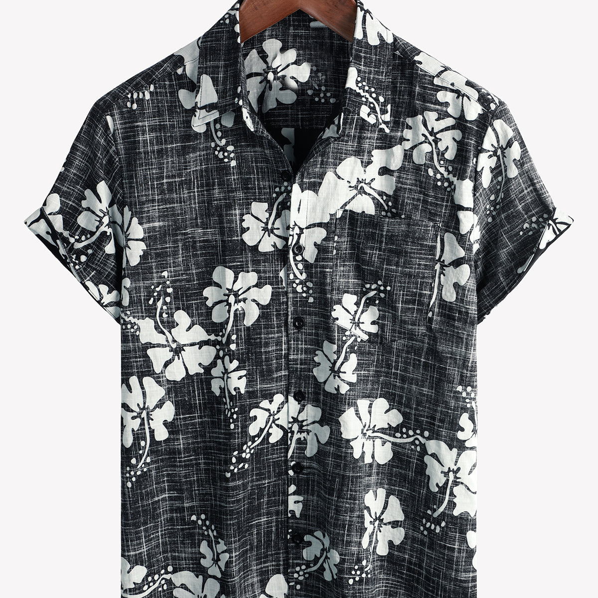 T-shirt hawaïen boutonné à manches courtes et col montant