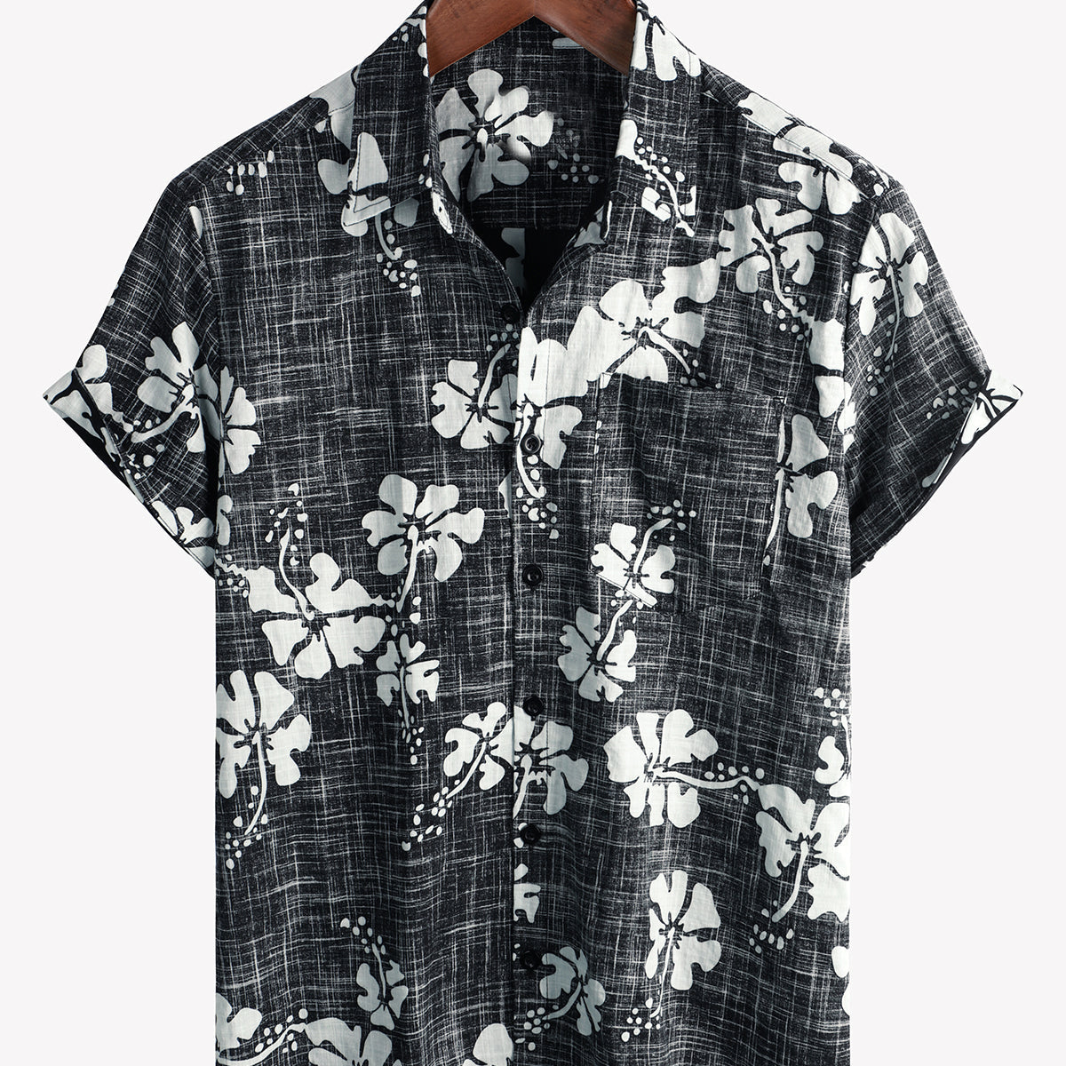 Chemise hawaïenne tropicale de plage à manches courtes vintage à fleurs noires pour hommes