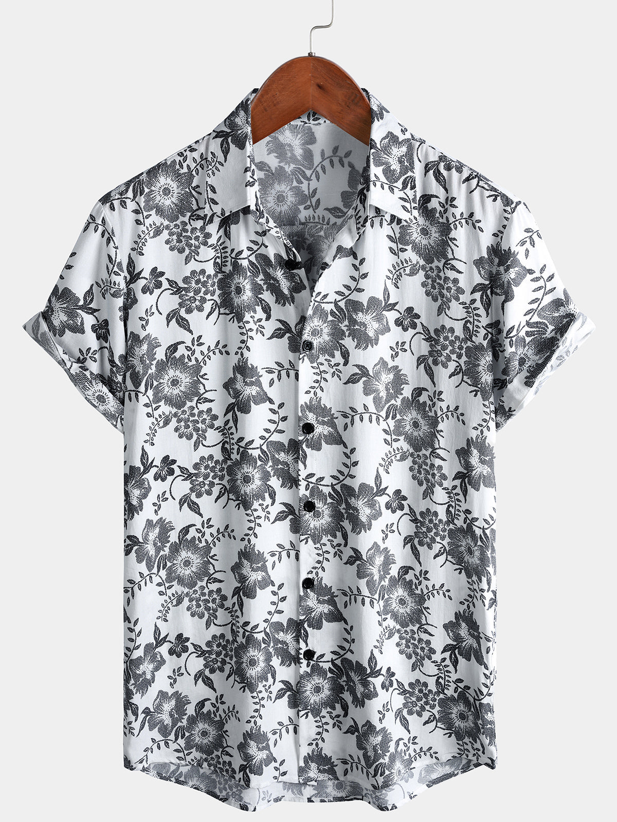 Chemise Homme Vintage Style Resort Imprimé Floral Vigne Noir et Blanc à Manches Courtes