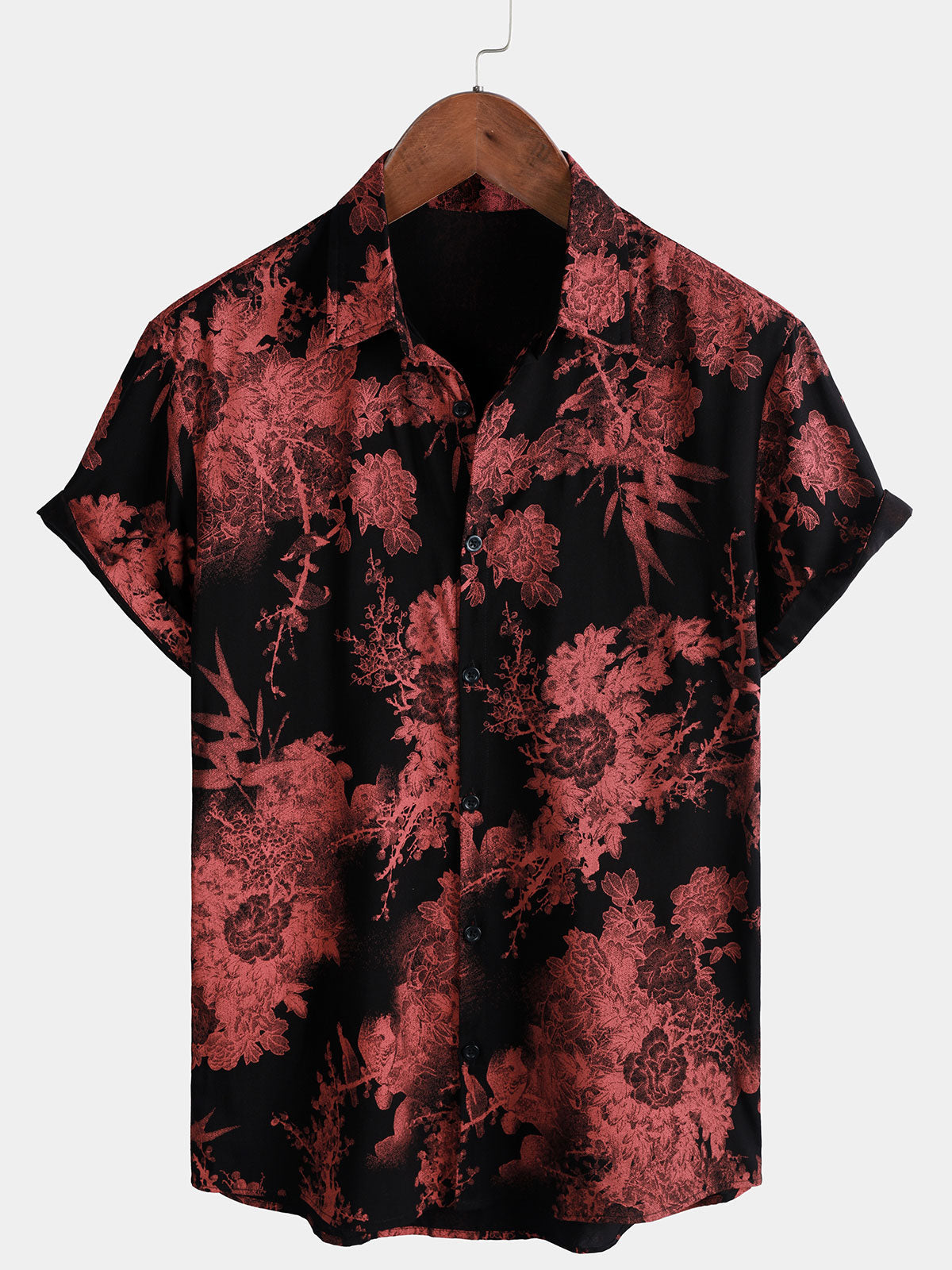 Chemise Homme Rouge Noir Fleurie Rétro Boutonnée Plage