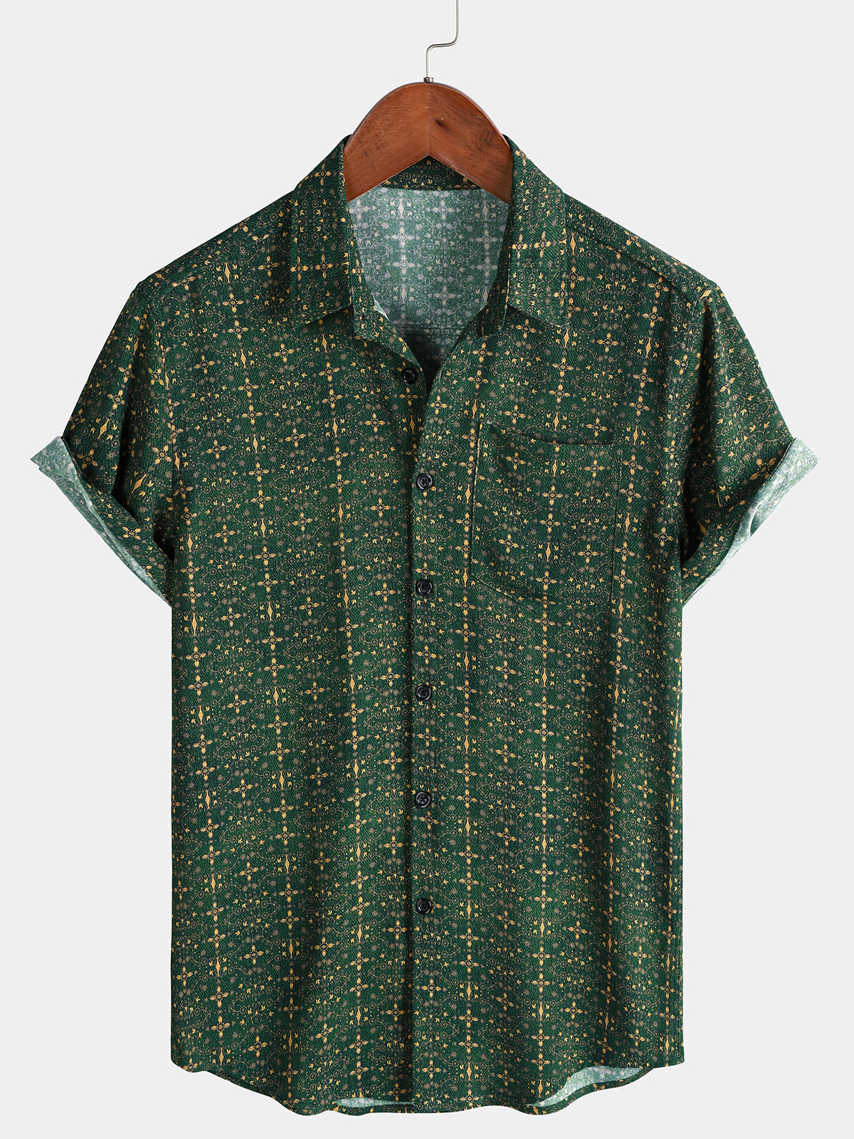 Chemise Homme d’Été Imprimé Ethnique Vert à Manches Courtes