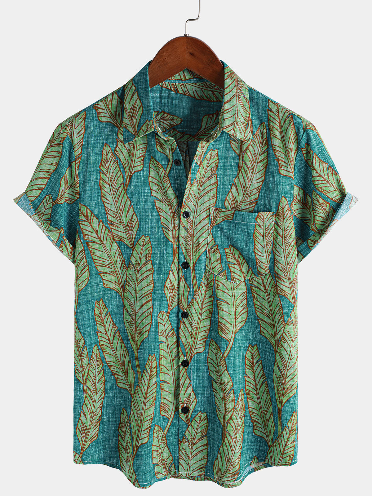 Chemise hawaïenne à manches courtes pour homme, motif feuilles tropicales vertes, été