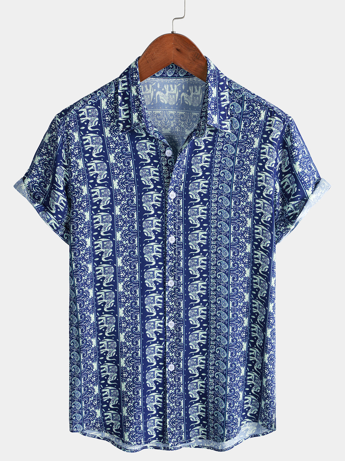 Chemise Homme à Imprimé Éléphant Style Rétro Légère Décontractée d’Été Manches Courtes