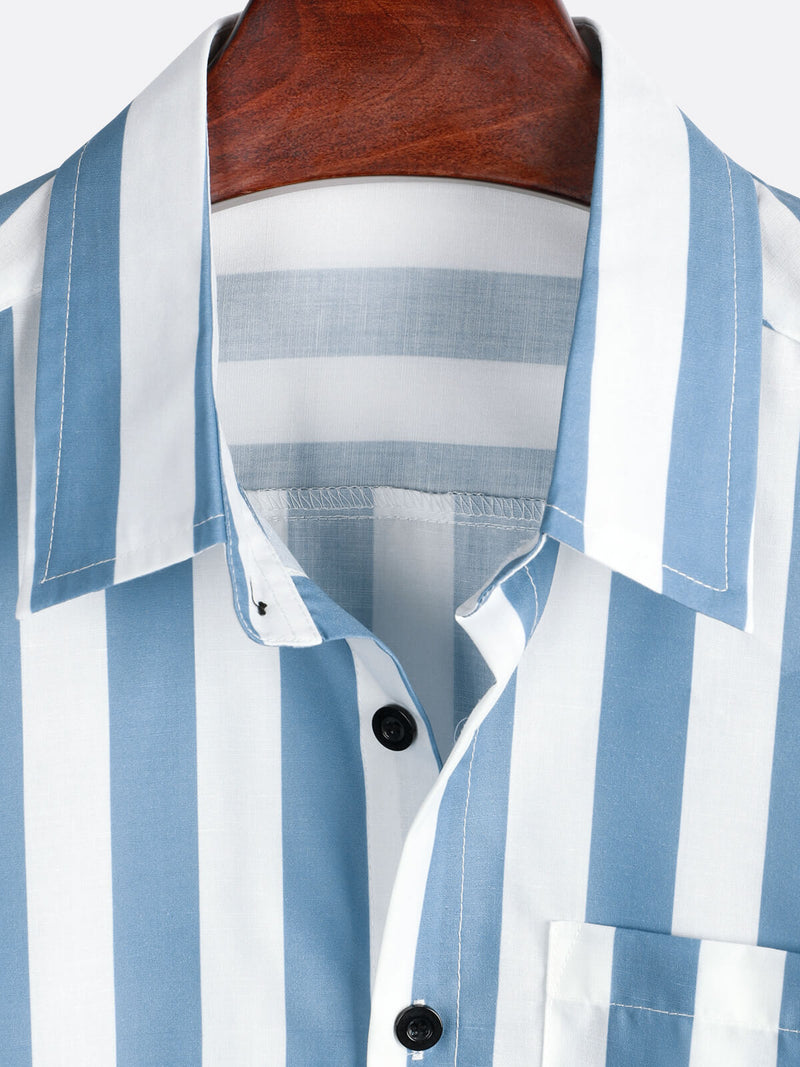 Chemise à manches courtes boutonnée d'été à rayures bleues et blanches pour hommes