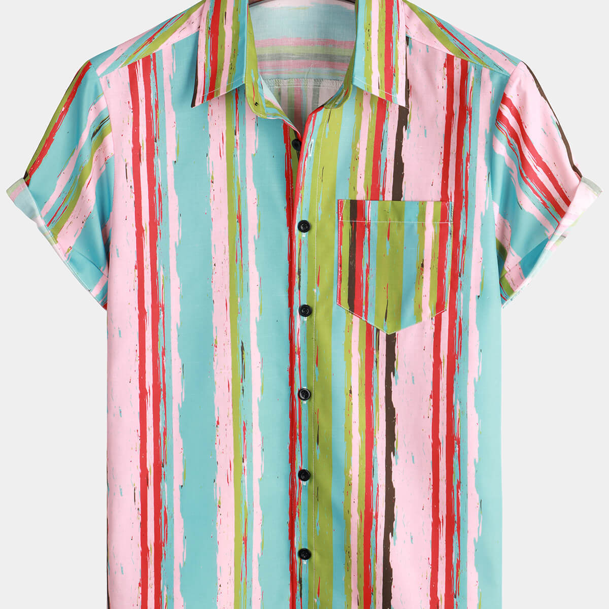 Chemise à manches courtes d'été décontractée à rayures vertes et roses rétro pour hommes
