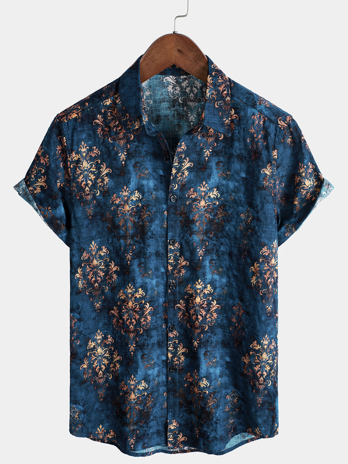 Chemise boutonnée à manches courtes pour homme, style rétro, bleu, été