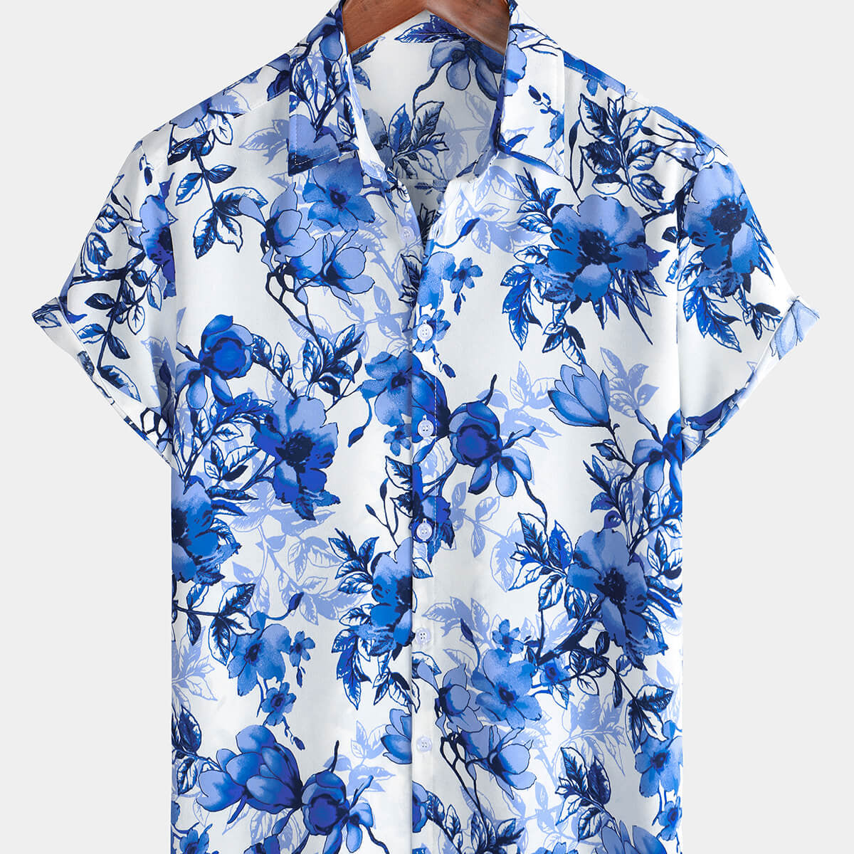 Chemise boutonnée de vacances bleue à manches courtes et à fleurs vintage pour hommes