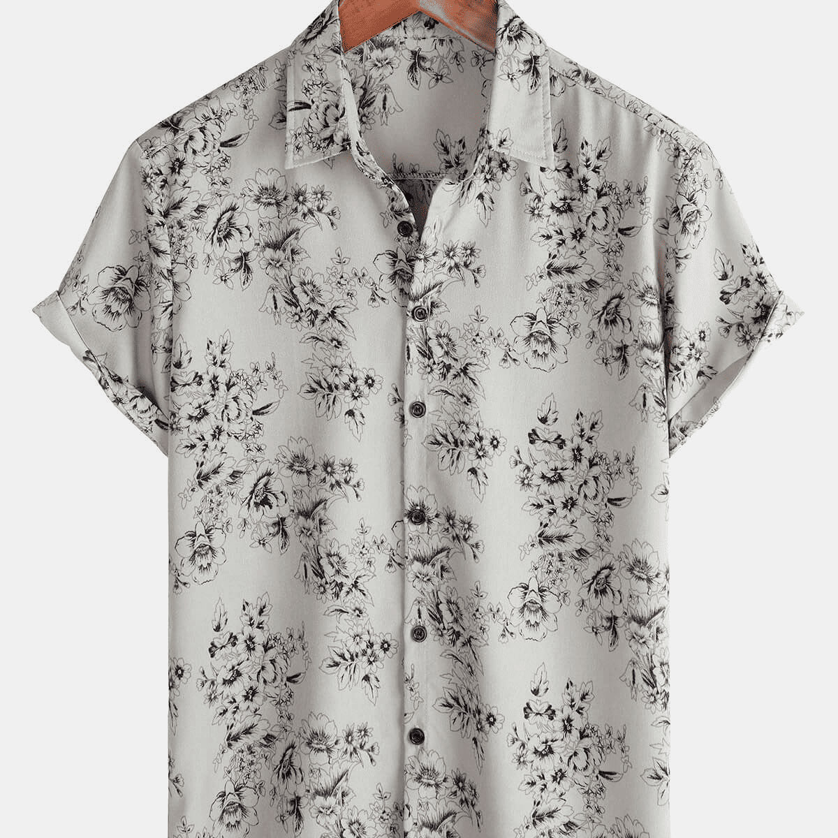 Chemise boutonnée en coton à manches courtes à fleurs hawaïennes d'été grises pour hommes
