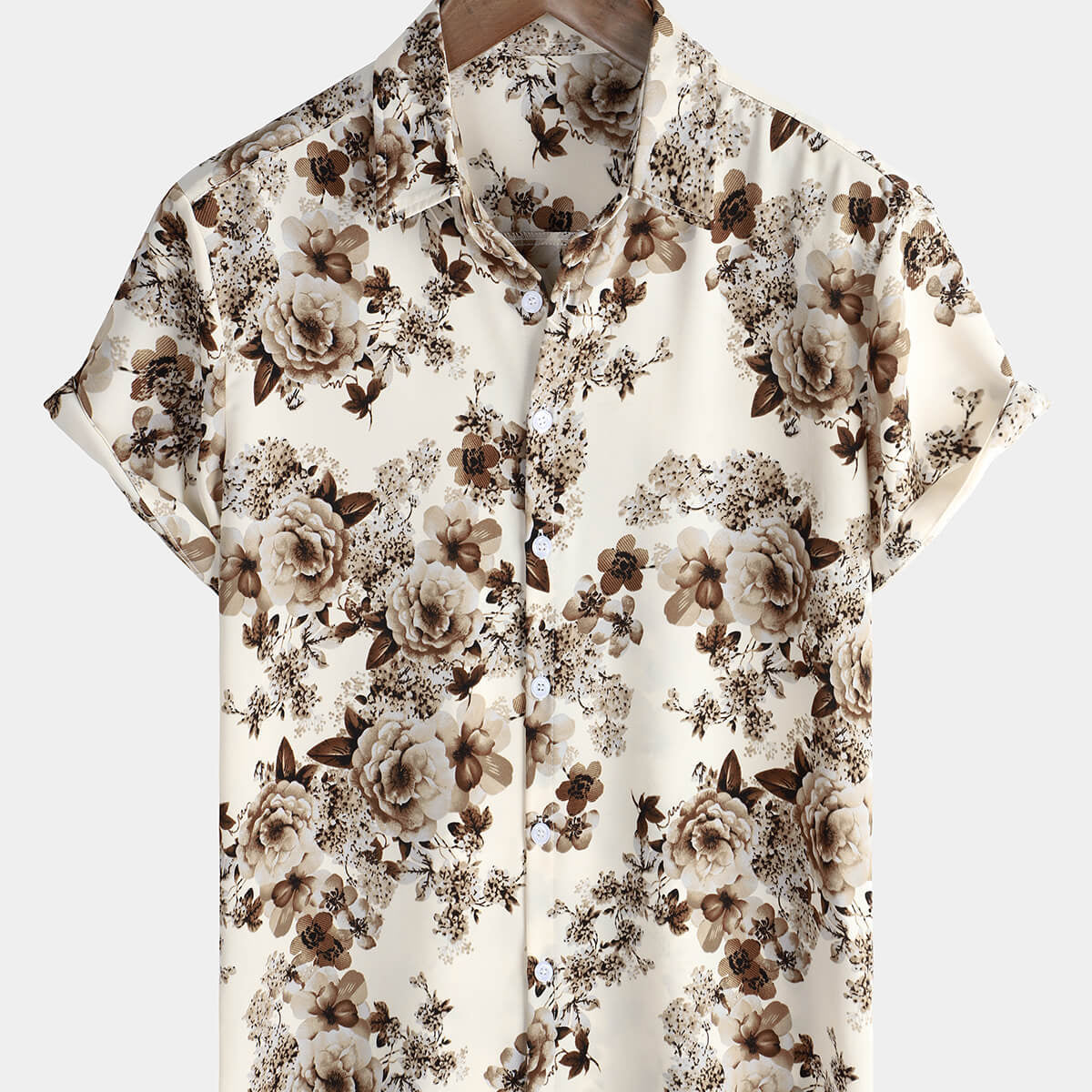 Chemise boutonnée d'été à manches courtes pour hommes, décontractée, florale, vacances, beige
