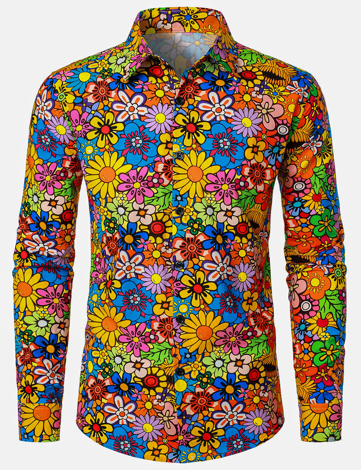 Chemise boutonnée à manches longues en coton à motif floral coloré vintage des années 70 pour homme