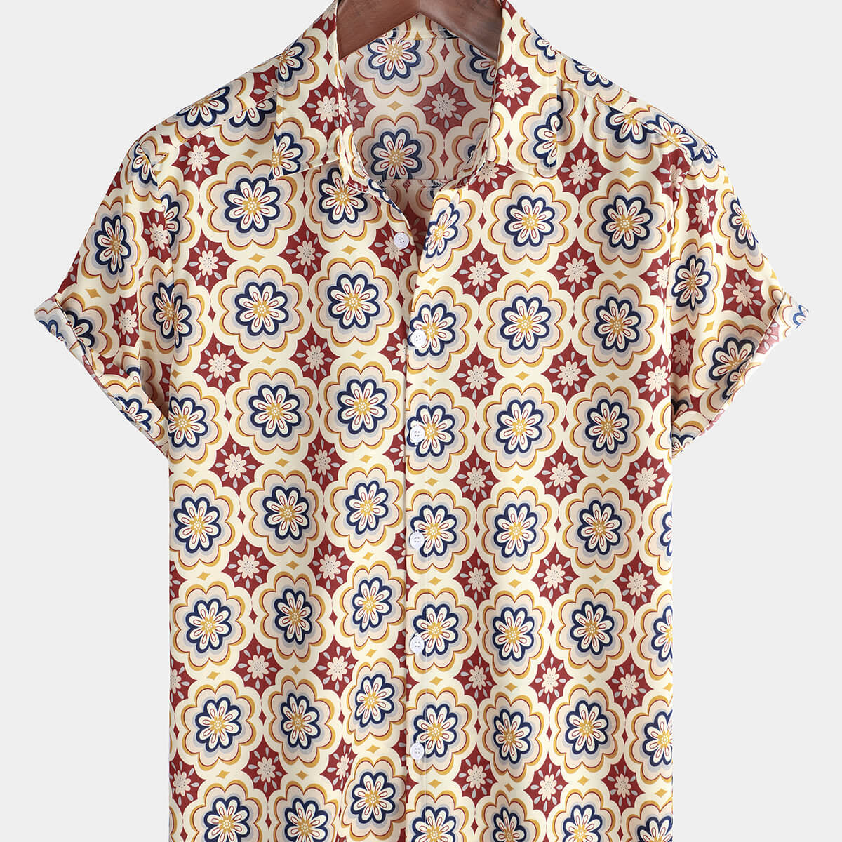 Chemise boutonnée florale à manches courtes pour hommes, beige, décontractée, vacances