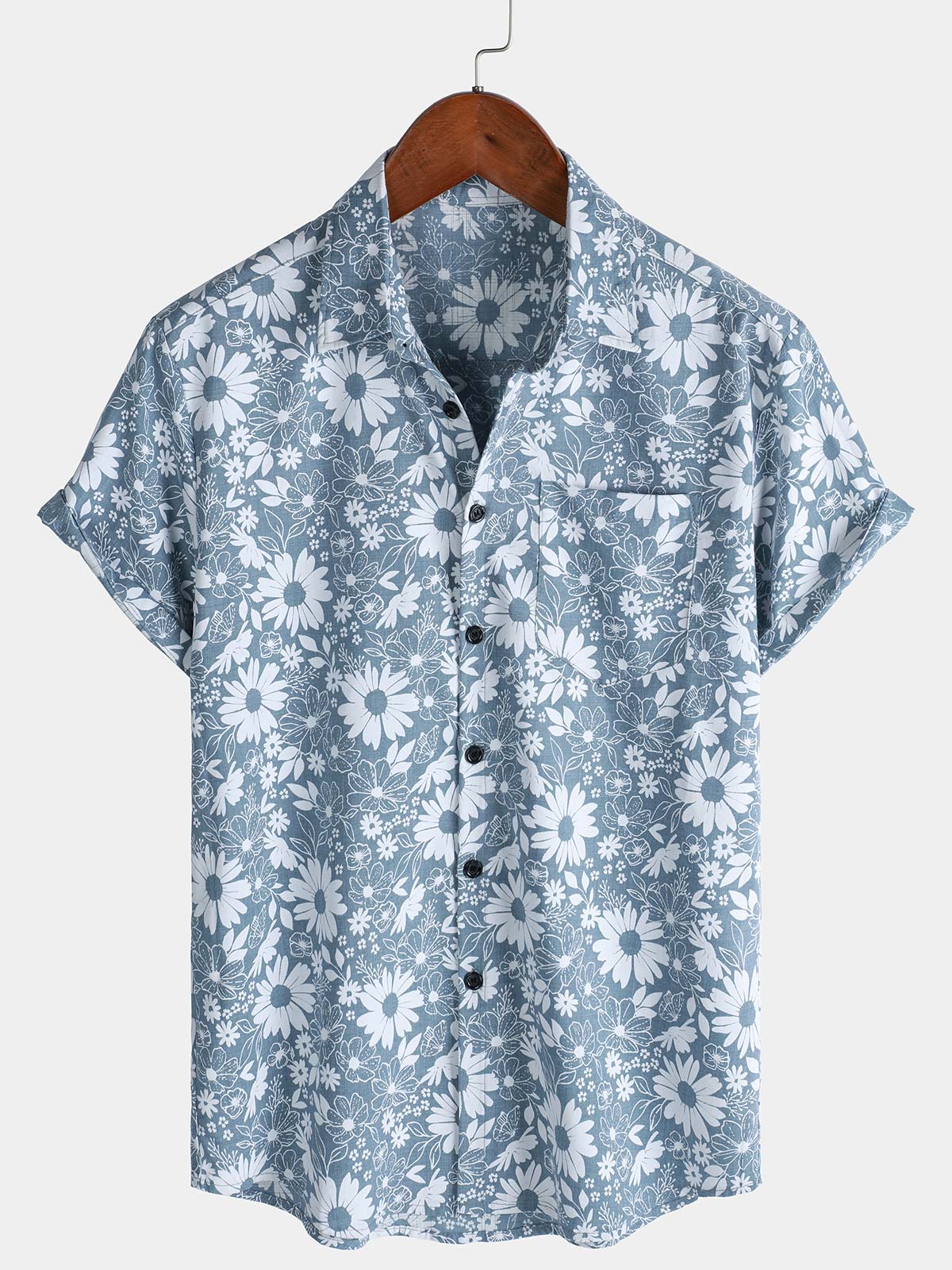 Chemise à manches courtes et poche à imprimé marguerites bleues pour homme
