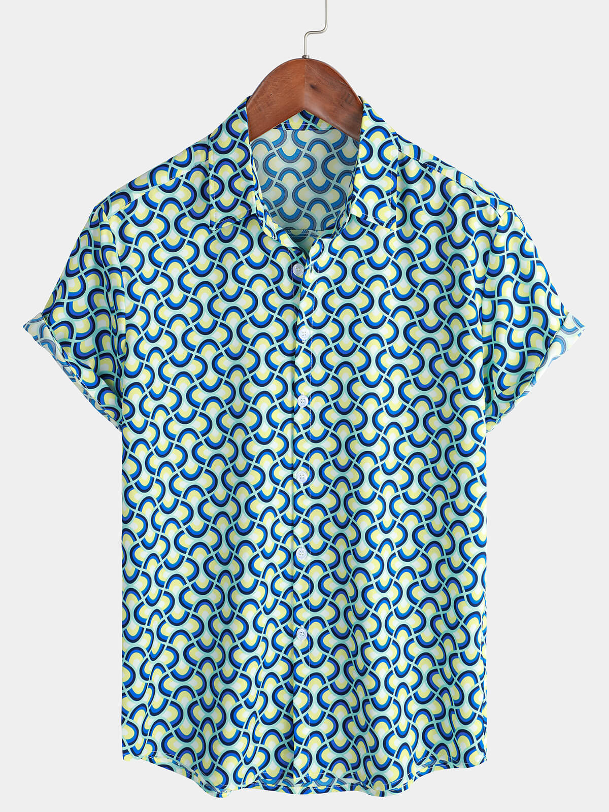 Chemise boutonnée bleue à manches courtes pour hommes, décontractée, vacances géométriques, été