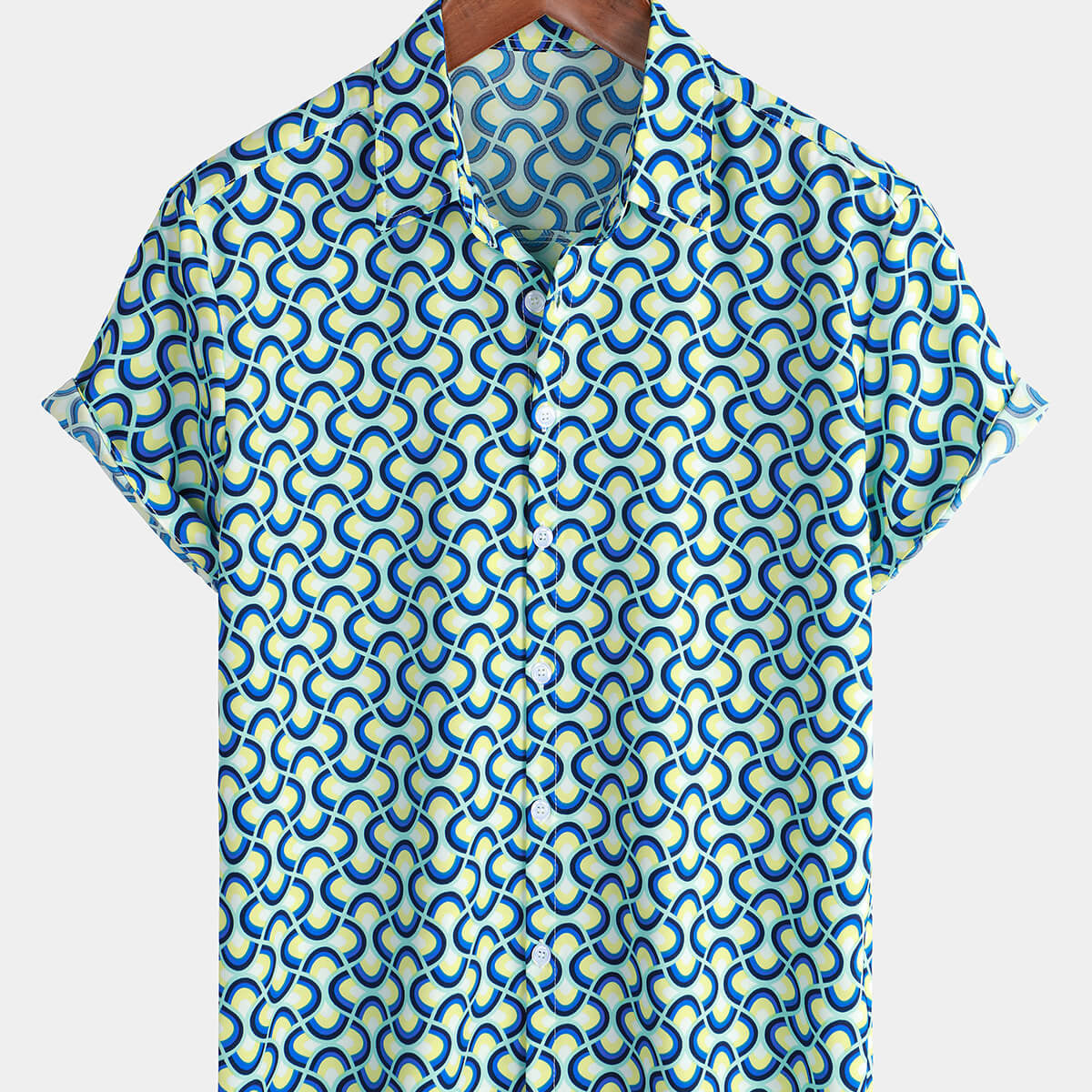 Chemise boutonnée bleue à manches courtes pour hommes, décontractée, vacances géométriques, été