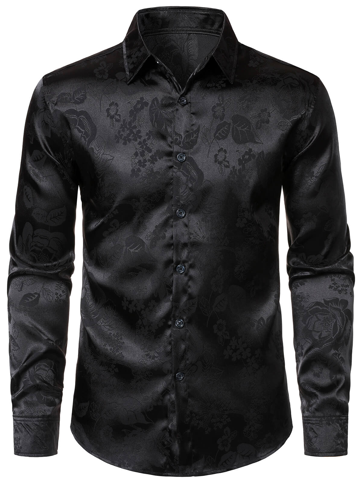 Chemise à manches longues en satin brillant noir à motif jacquard floral pour homme