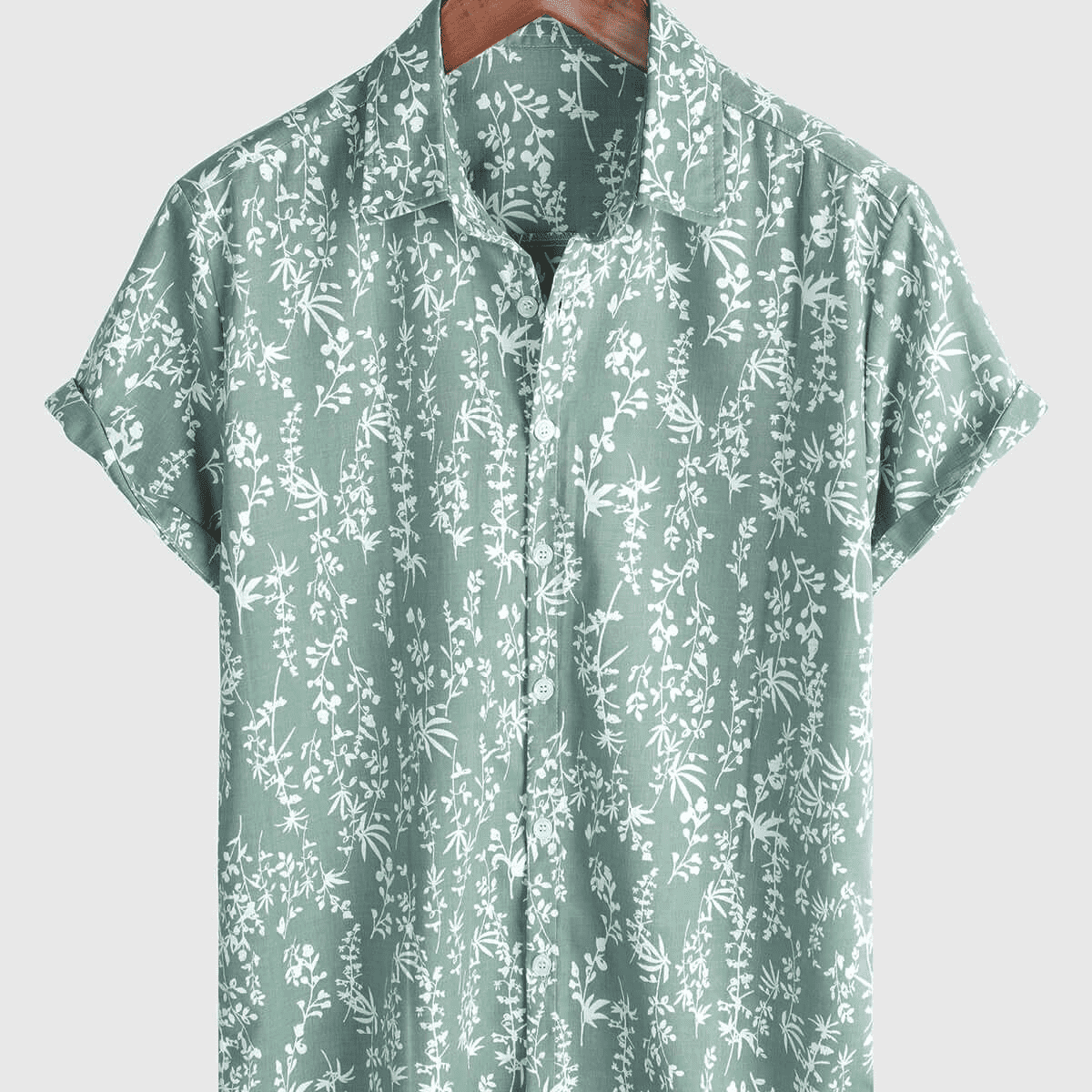 Chemise boutonnée en coton à manches courtes à fleurs d'été hawaïen vert pour hommes