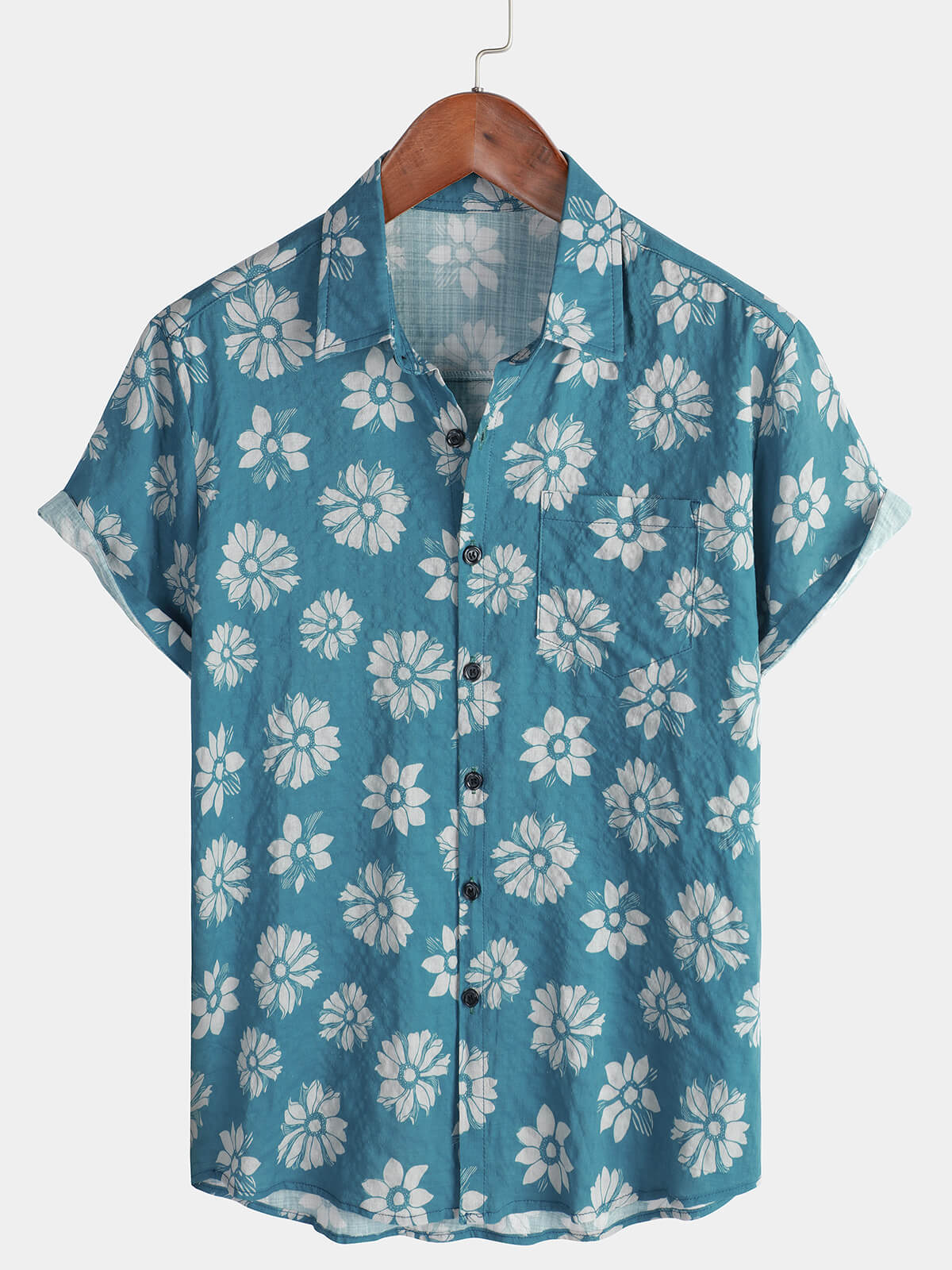 Chemise boutonnée hawaïenne en coton d'été à manches courtes à fleurs bleues pour hommes