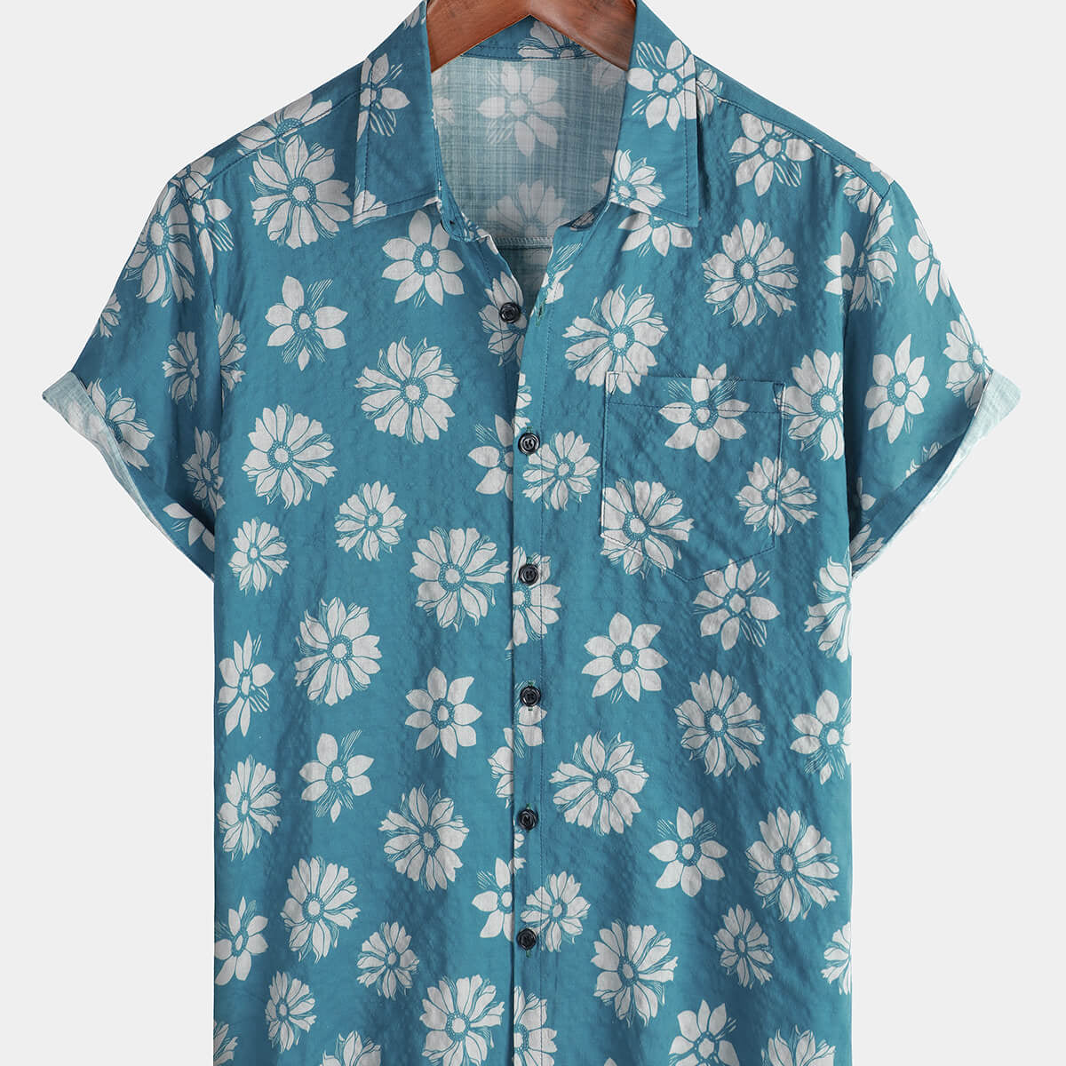 Chemise boutonnée hawaïenne en coton d'été à manches courtes à fleurs bleues pour hommes