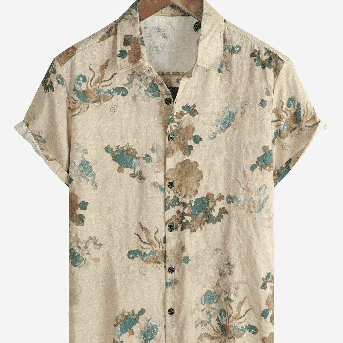 Chemise boutonnée à manches courtes en coton à imprimé floral kaki pour homme