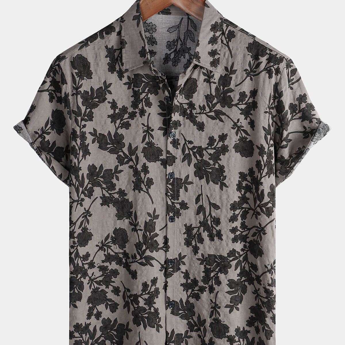Chemise boutonnée vintage en coton gris à manches courtes pour hommes