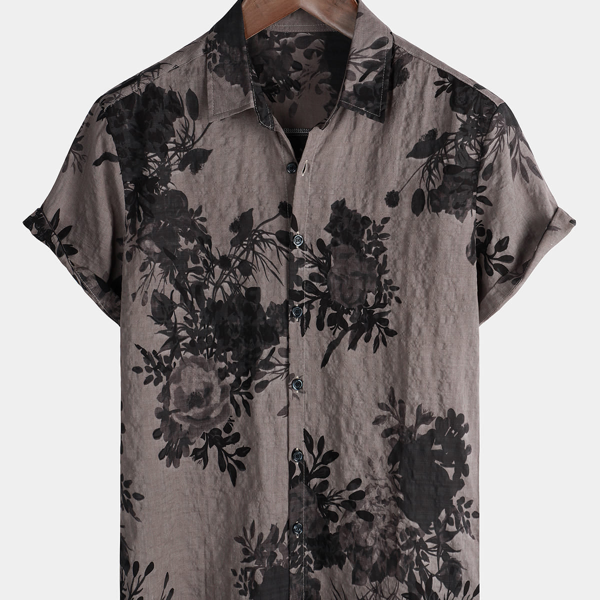 Chemise boutonnée vintage à manches courtes en coton à motif floral gris pour homme