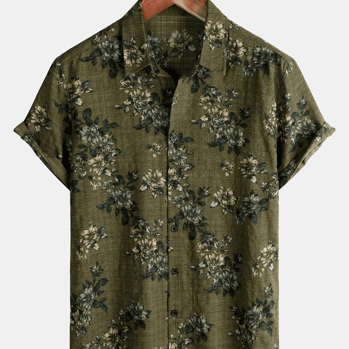 Chemise boutonnée en coton d'été rétro à manches courtes Vintage à fleurs vertes pour hommes
