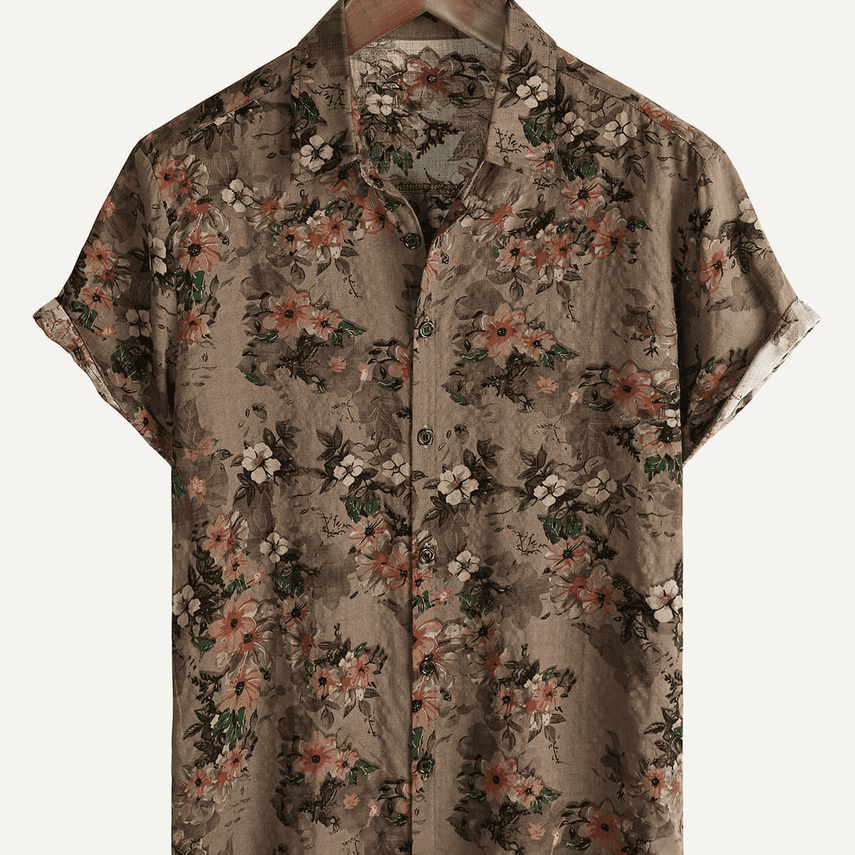 Chemise boutonnée en coton d'été rétro à manches courtes vintage à fleurs marron pour hommes