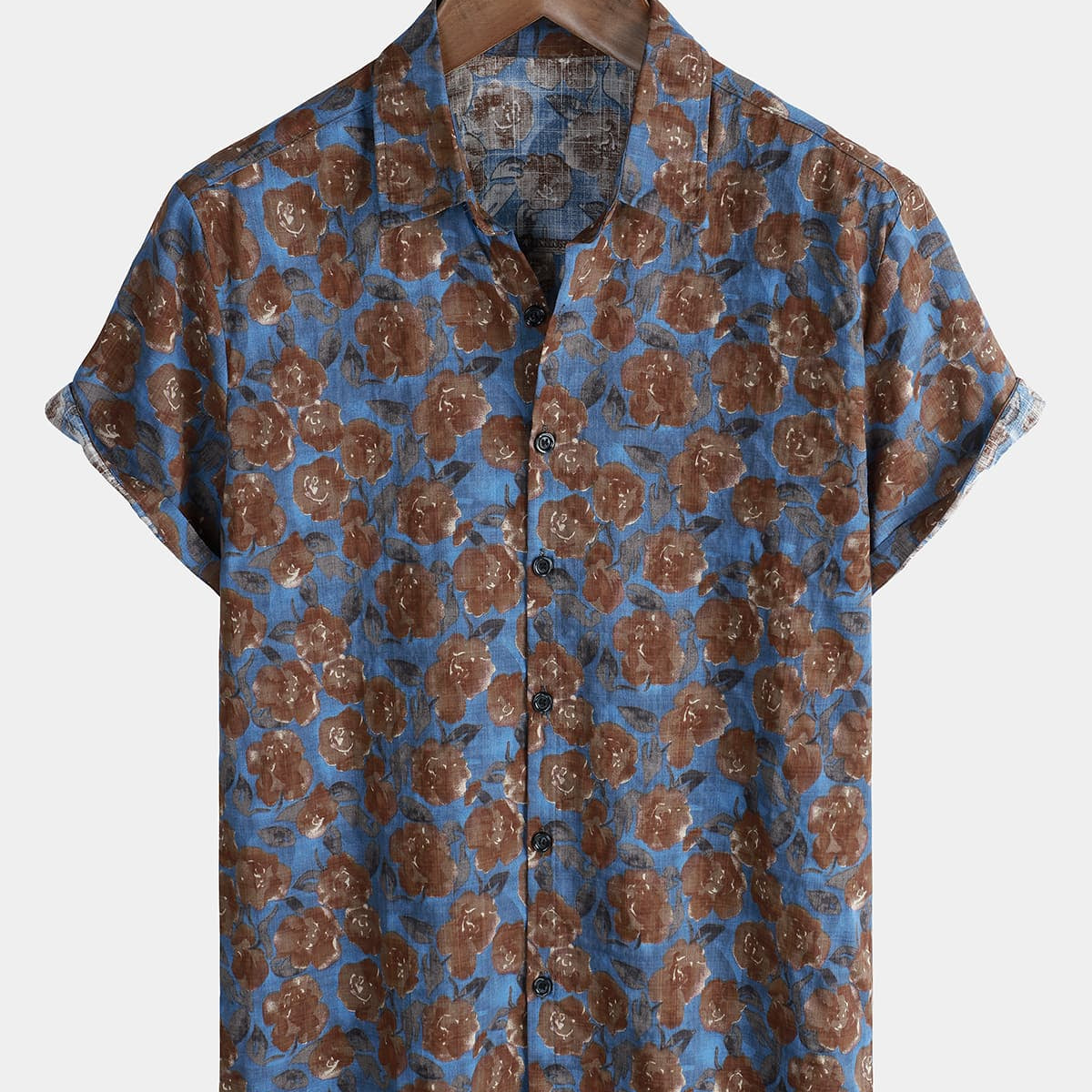 Chemise boutonnée en coton d'été à manches courtes vintage bleu fleuri pour hommes